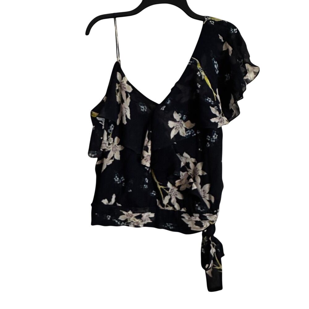 Paige Chereen Silk Cold Shoulder Floral Ruffle Navy Blouse Size-S